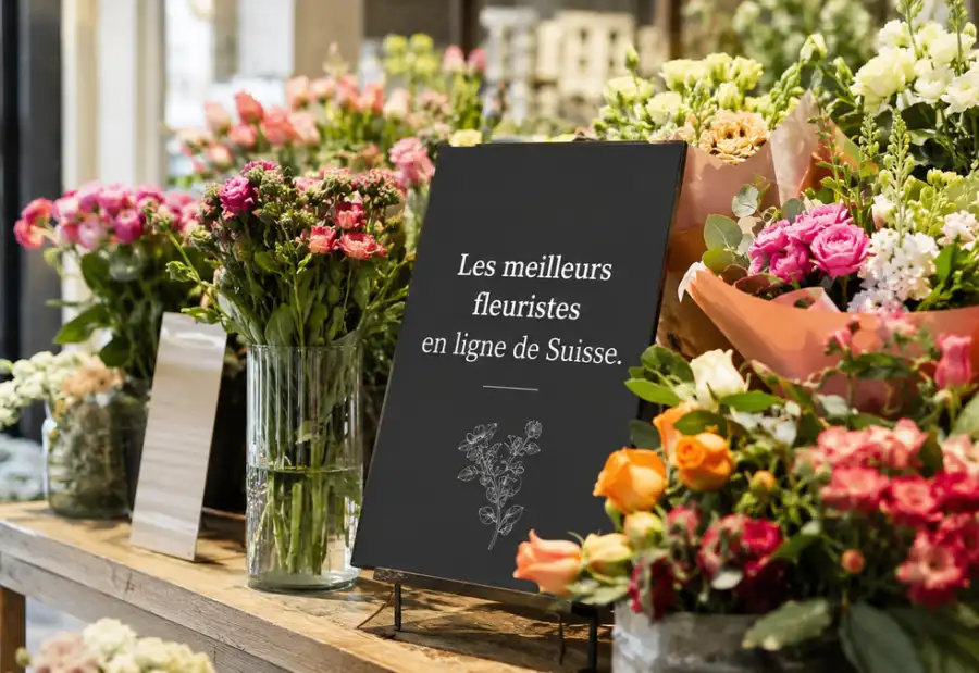 Étal d'un fleuriste en Suisse avec un panneau ardoise « Les meilleurs fleuristes en ligne de Suisse », entouré de bouquets de roses et fleurs de saison.