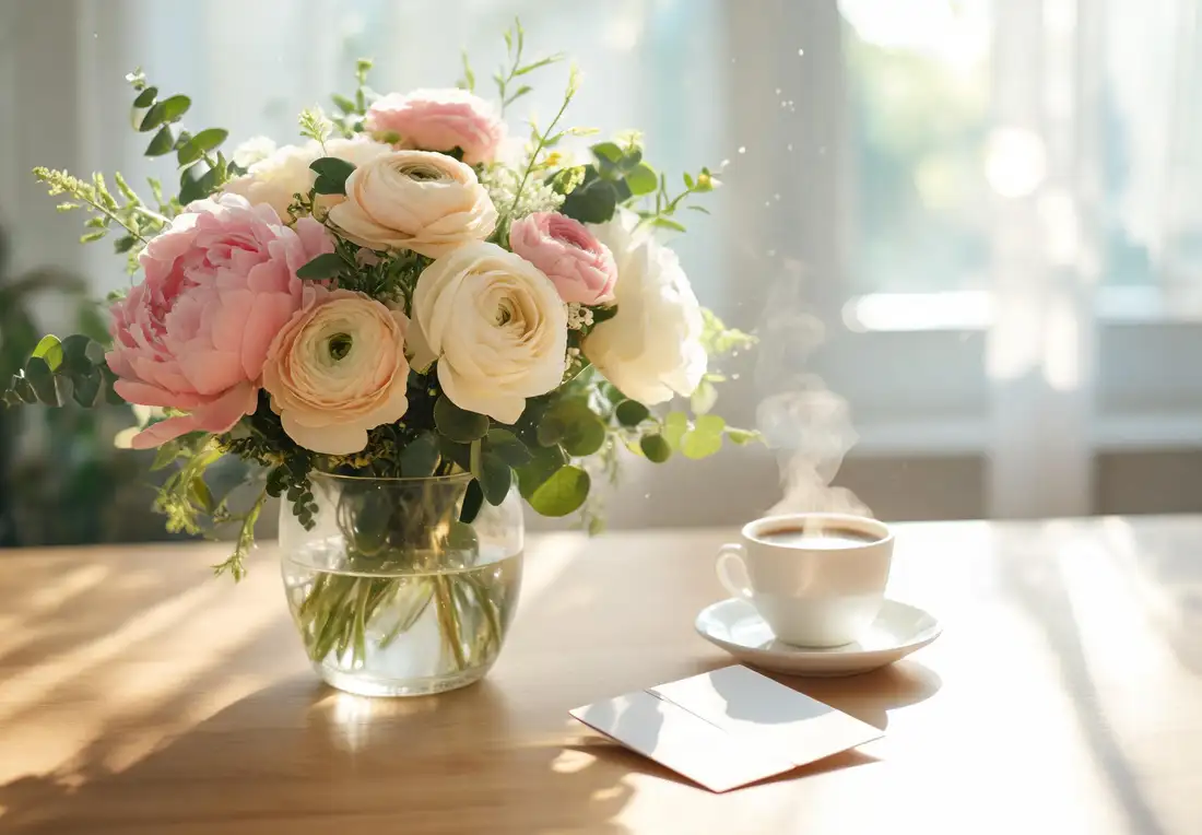 Bouquet de printemps avec pivoines roses, renoncules pastel et roses blanches dans un vase en verre sur une table de petit-déjeuner ensoleillée
