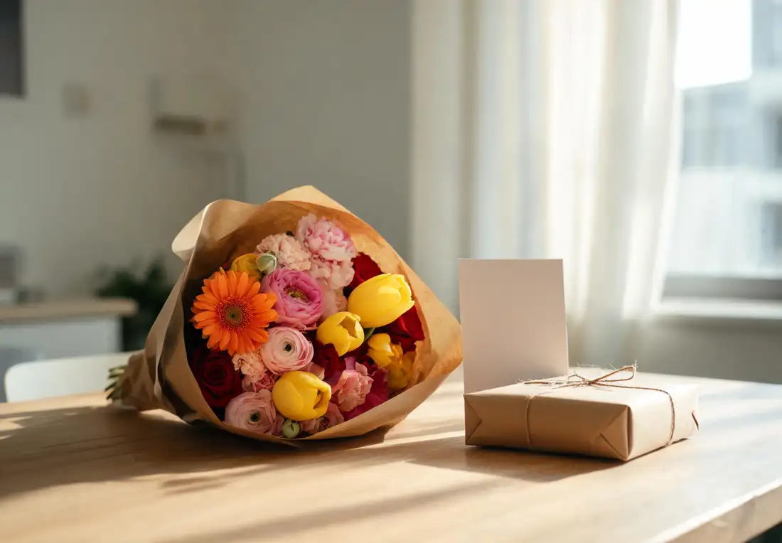 Bouquet d’anniversaire coloré de gerberas, renoncules, tulipes et roses en papier kraft sur une table en bois, près d’un cadeau et d’une carte