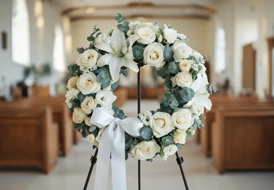 Couronne ronde de roses blanches, lys, lisianthus crème et eucalyptus, ruban de satin blanc sans texte, posée sur un support dans une chapelle