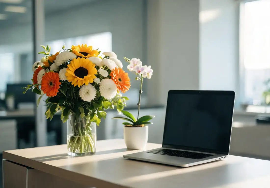 Bouquet de félicitations en tournesols, gerberas jaune et orange, chrysanthèmes blancs, posé sur un bureau moderne près d’un ordinateur portable et d’une petite orchidée.