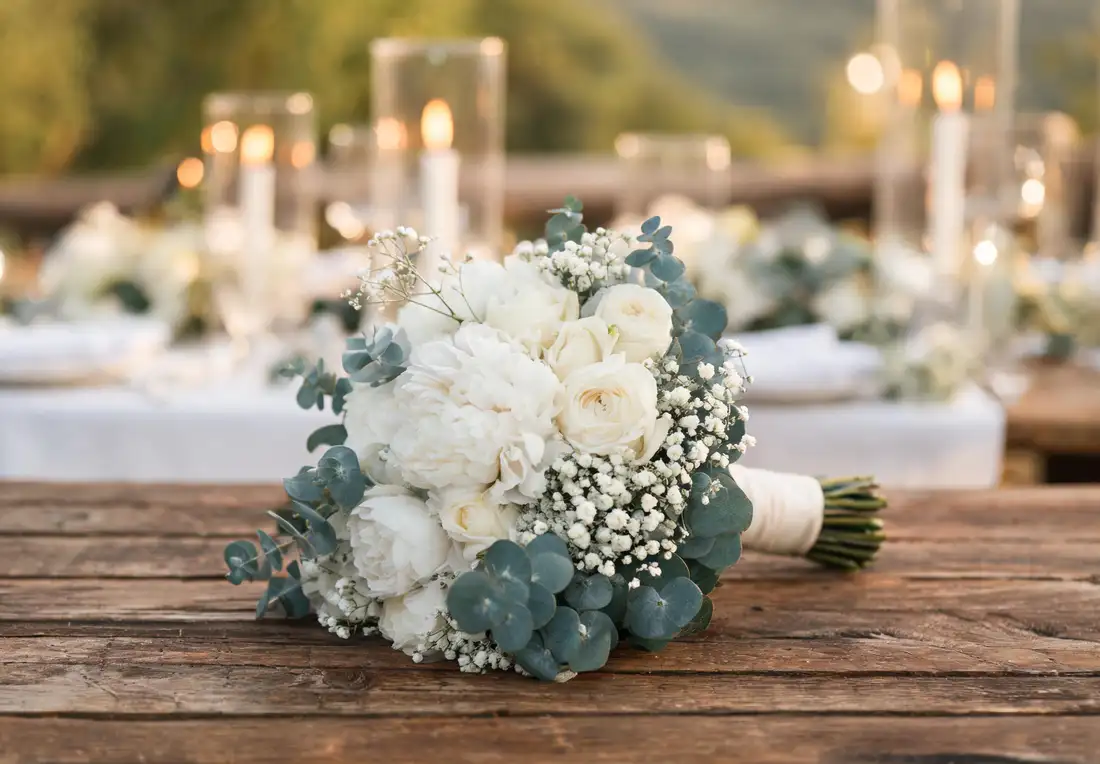 Bouquet de mariée en roses de jardin, pivoines blanches, eucalyptus et gypsophile sur une table en bois, décor de table et bougies flous derrière