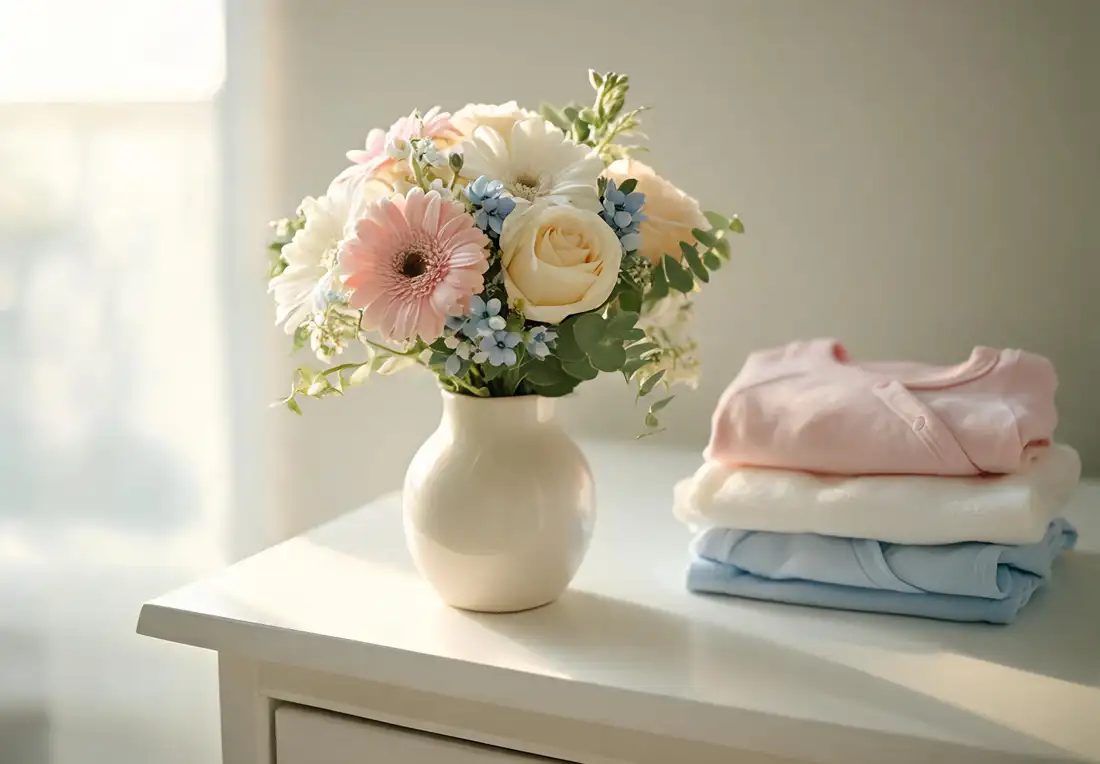Bouquet de naissance pastel, gerberas rose pâle et blancs, roses crème, dans un vase en céramique près de vêtements de bébé.