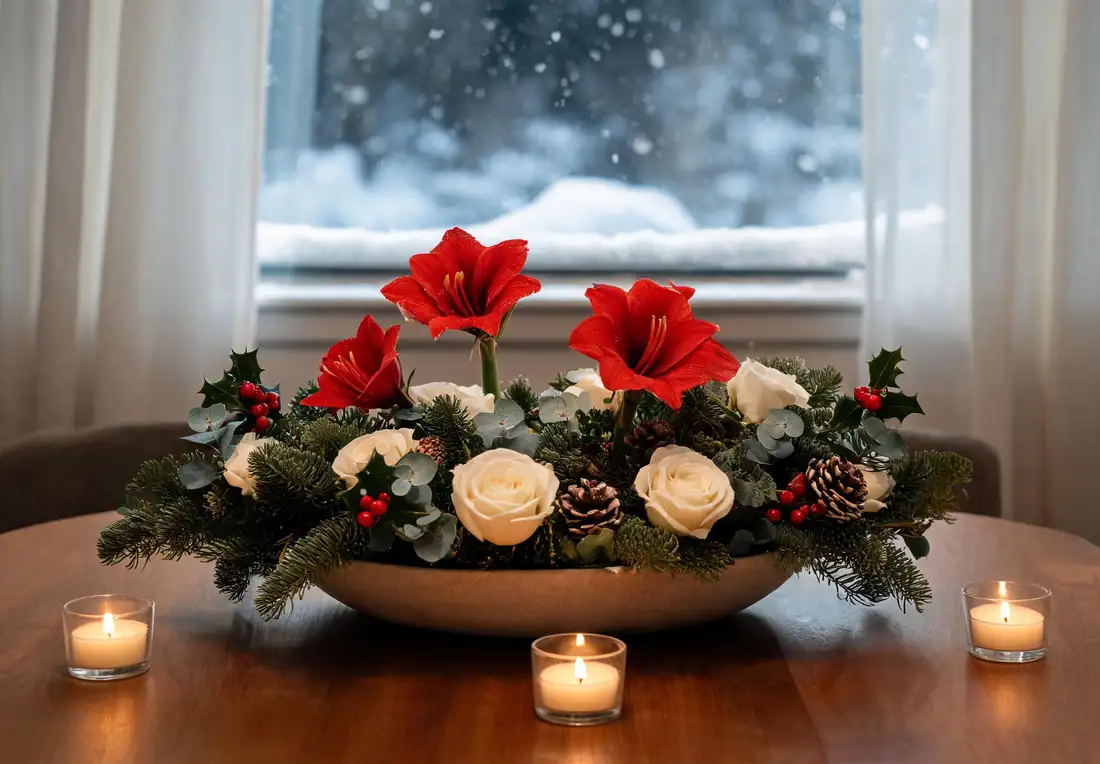Centre de table de Noël bas avec amaryllis rouge, roses blanches, sapin, houx, eucalyptus, pommes de pin et bougies sur une table en bois.