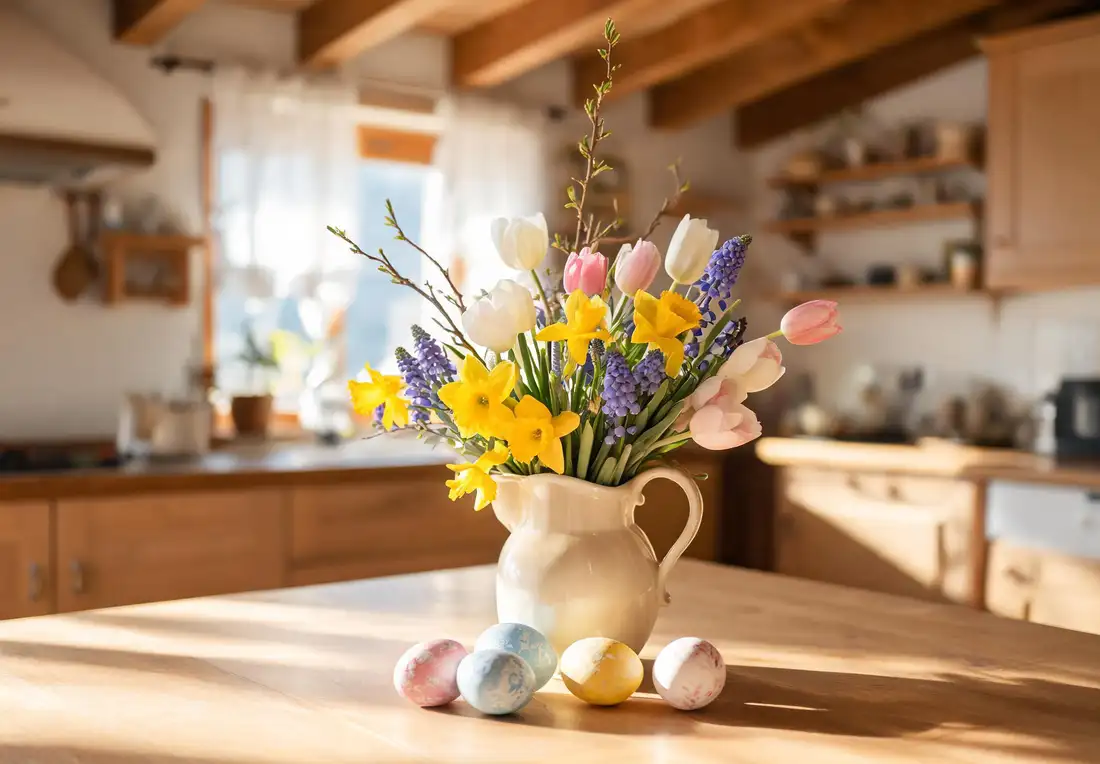 Bouquet de printemps en pichet de céramique sur une table de cuisine : jonquilles jaunes, tulipes blanches et roses, muscaris, branches en bouton et œufs peints.