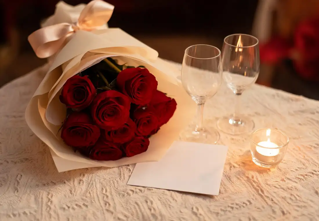 Bouquet de roses rouges à longues tiges noué d’un ruban satiné, posé sur une nappe en lin entre deux verres et une carte